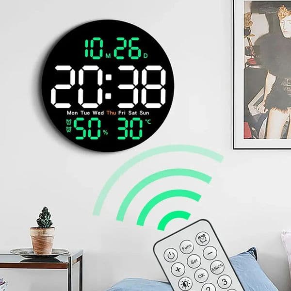 Remote Control LED Wall Clock with Dual AlarmsCalendar and Temperature Display for Home DecorationBrightness Adjustable 260525