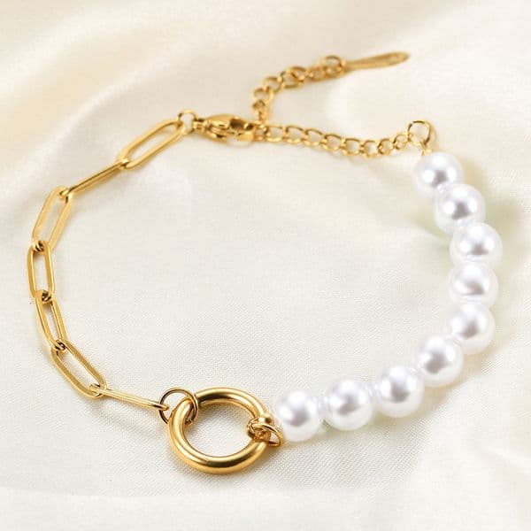 New style elegant 16+5 simple faux pearl pin chain ring 304 stainless steel versatile bracelet for women