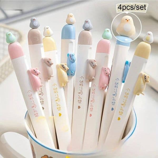4-Pack Fun Magnetic Bird Gel Retractable Press Pens, 0.5Mm Fine Tip Fast Drying Ink, Cute Stationery For Cat Lovers