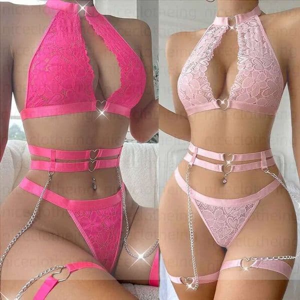 Woman Sexy Lingerie Metal Love Chain with Garter Belt Bodysuit Women Underwear Porn Lace Sleepwear Set Erotic Costumes R250610 326