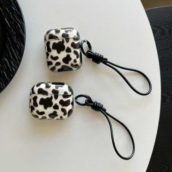Simple Fun Black White Cow Pattern Leather Lanyard Earphone Case Cover for AirPods 1 or 2 3 4 Pro 2 Pro 3 T260525