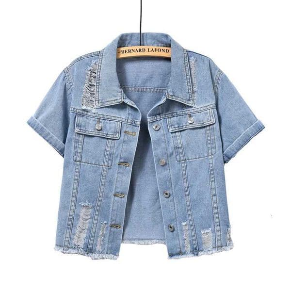 Light Blue Short Denim Jackets Short Sleeve Womens Coat 2025 Summer New Single Breasted Lapel Hand Frayed Outwear Fashion Top M260525