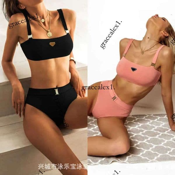 Women's Swimwear designer women's swimsuit solid color sexy metal buckle belt high waist suspender bikini 65F5 73