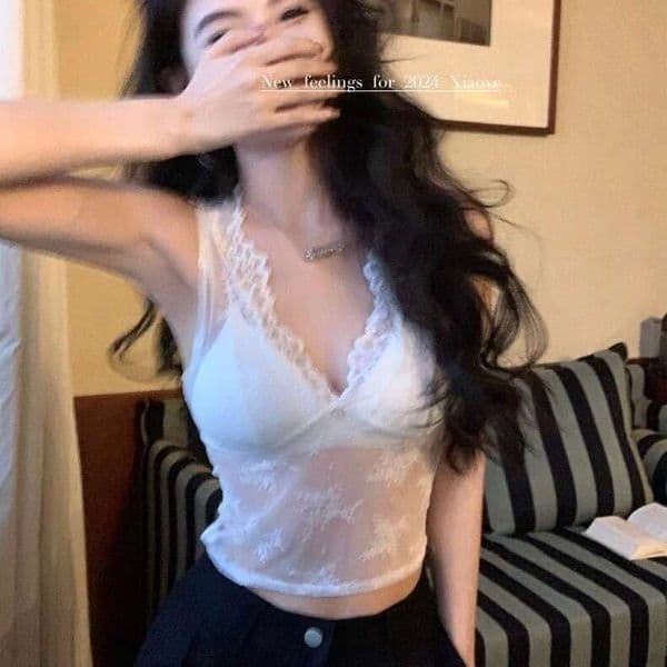 Layering Essential Pure Desire Wide Shoulder Style Sexy Hot Girl V-Neck Lace Vest Inner Wear Base Camisole Top