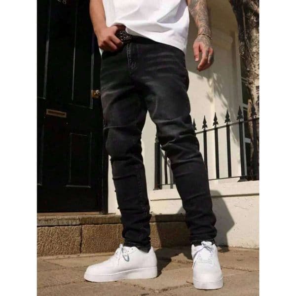 1pc Men's Black Elastic Denim Jeans, Streetwear Sporty Casual Breathable Solid Color Slim Fit Jeans Suitable All Seasons