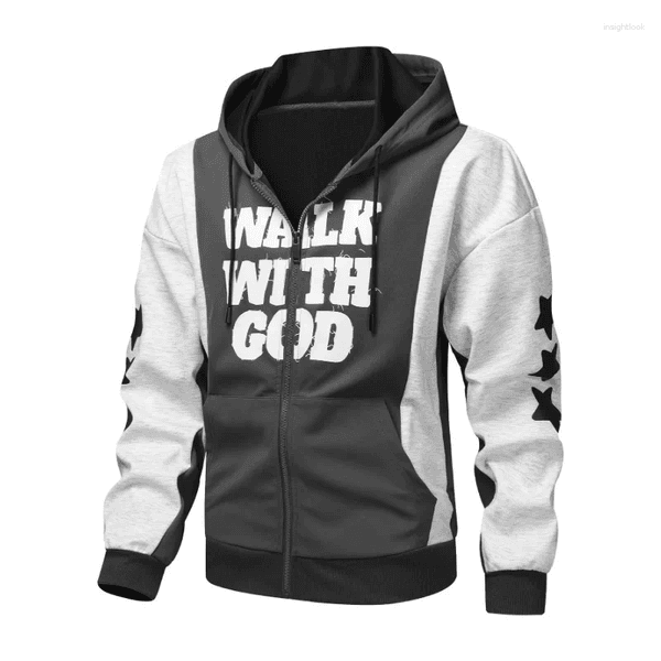 Men's Jackets Casual Sports Versatile Contrasting Color Stitching Hooded Cardigan Fashionable Printed Long-sleeved Sweatshirt Jacket Top