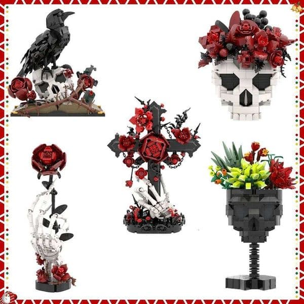 Gobricks MOC Roses Bouquet Bricks Model Crow Skull Flowers Decorate Building Blocks Gothic Cross Assembly Toys Gift 26Y0526