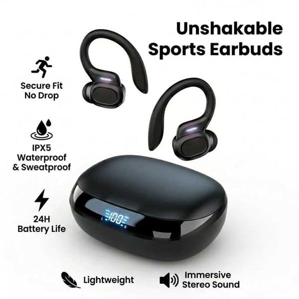 bluetooth earbuds wireless sport secure fit no drop earhook sports earbuds for running gym workout IPX5 waterproof HiFi bass low T260525