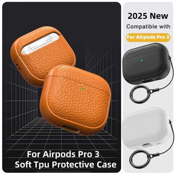 For AirPods Pro 3 Leather Pattern TPU Case Cover Accessories Cute Skin Full Protector Cover with Keychain for AirPods Pro 3 Case T260525