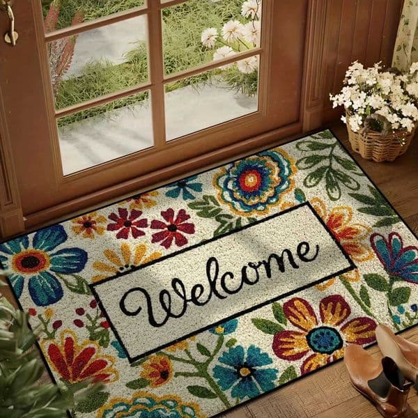 Floral Welcome Doormat - Crystal Velvet Non-Slip Machine Washable - For Kitchens Dining Rooms Hallways and Bathrooms W260525