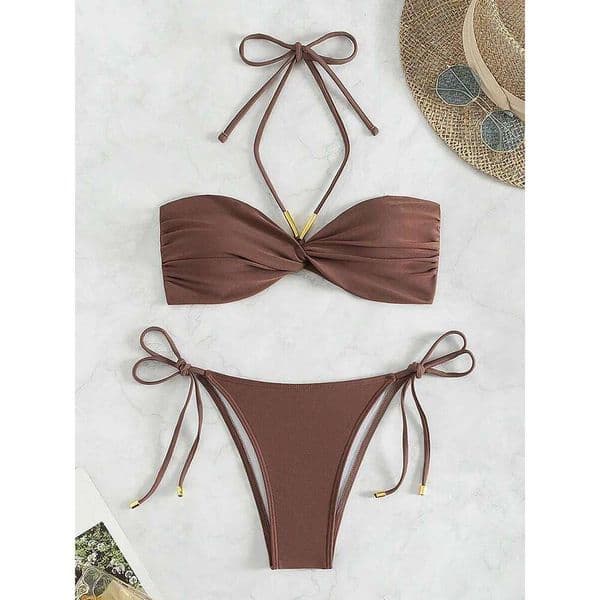 XS - L Halter Wrinkled Bandeau Female Swimsuit Women Swimwear Two-pieces Bikini Set High Cut Bather Bathing Suit Swim 26Y0526