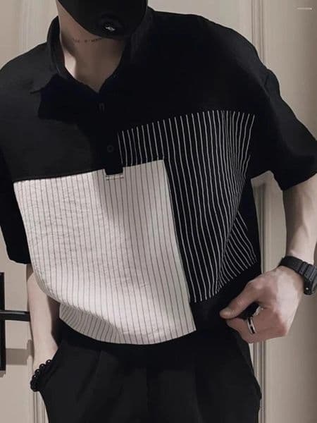 Men's Polos Summer Faion Retro Color Blo Irt Ort Sve Haome Striped Patchwork T-irt Five Body Tr... thumbnail 2