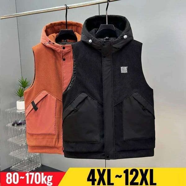 Plus Size 12XL Men's Vest Hooded Zip Up Sleeveless Jacket Male Cotton Padded Winter Thick Extra Big Large Patchwork Waistcoat W260522