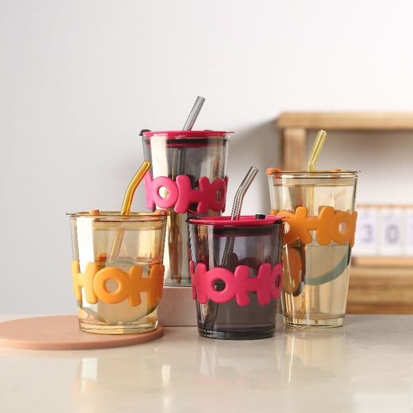 450ml Letter Pattern Glass Tumbler With Straw Heat Resistant Coffee Cup