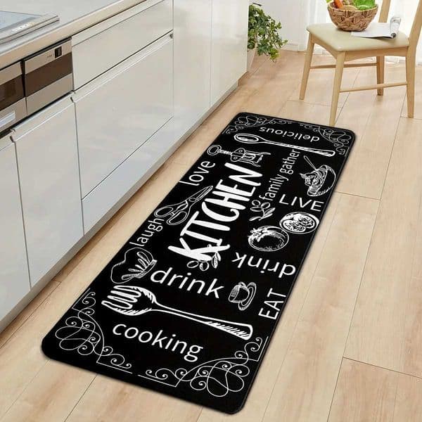 Modern Kitchen Typography Long Floor Mat Black White Utensils Print Non-Slip Durable Runner Rug for Kitchen Hallway W260525