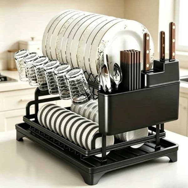 Multifunctional kitchen countertop dish drain rack integrated cup holder and chopsticks tube keeps tableware tidy and dry L260525