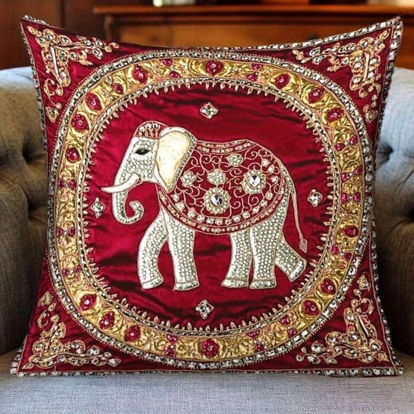 Luxury Indian Elephant Cover Handmade Beaded Red Velvet Throw Pillow Case for Boho Home Decor Gift 26L0526