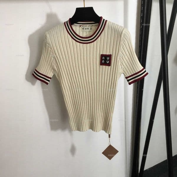 Brand women shirt casual girls T-shirt designer clothes women badge patch striped short sleeved slim knit sweater Lady ropa A690X14N016