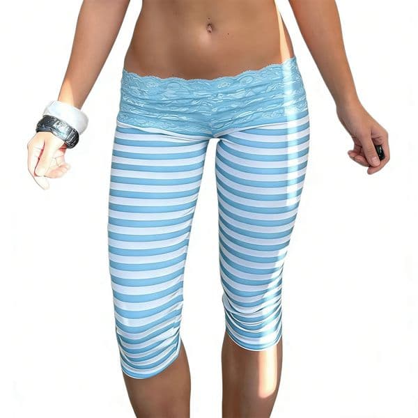 Women Striped Lace Waistband Leggings Low Rise Fold Over Trim 34 Length Skinny Pants Y2K Aesthetic Casual Streetwear w260521