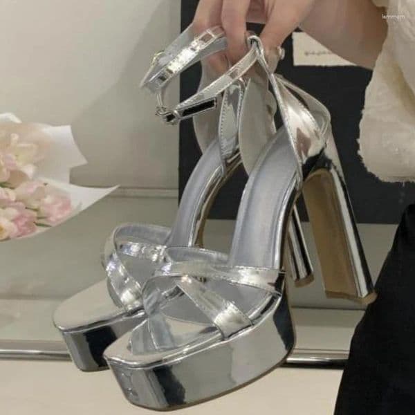 Sandals Silver Super-high Heel Platform Women Summer Fashion Narrow Strap Ankle Design Sexy Peep Toe Heels Stripper Shoes