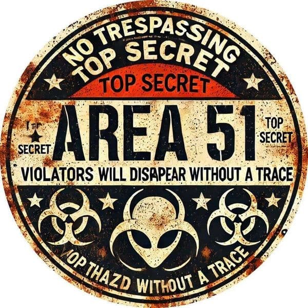 Vintage Area 51 "Top Secret" Metal Wall Sign - Alien UFO & Hazard Symbols, Rustic Distressed Design, Office Decor, Unique Gift 26Y0526