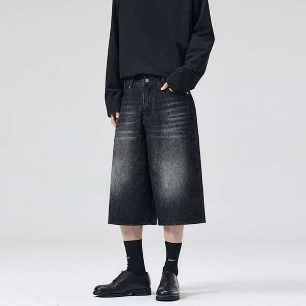 2025 Summer American Lightning Crack Denim Cropped Men's Straight Loose Wide-leg Shorts Street Baggy Casual Pants