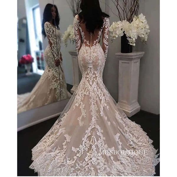 2025 New Illusion Long Sleeves Lace Mermaid Dresses Tulle Applique Court Princess Wedding Bridal Gowns With Buttons Q525