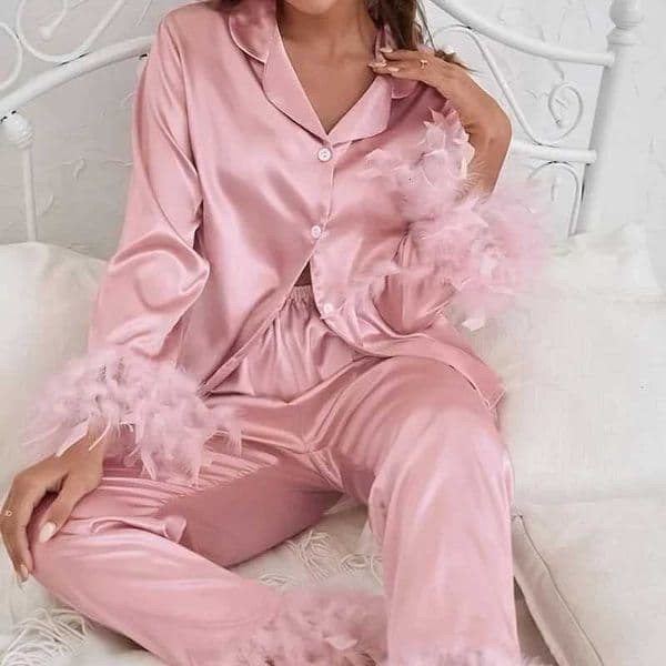 Spring European and American Ice Silk Pajamas Fashion Ostrich Hair Shirt Trousers Loose Two-piece Set Feather Loungewear Women L260525