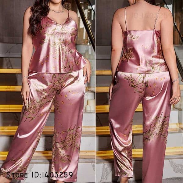 Plus Size 3XL-5XL Female Pajamas Set Chemise Sleepwear Sexy Print Cherry Floral Suspender Trouser Pijamas Suit Rayon Homewear L260525