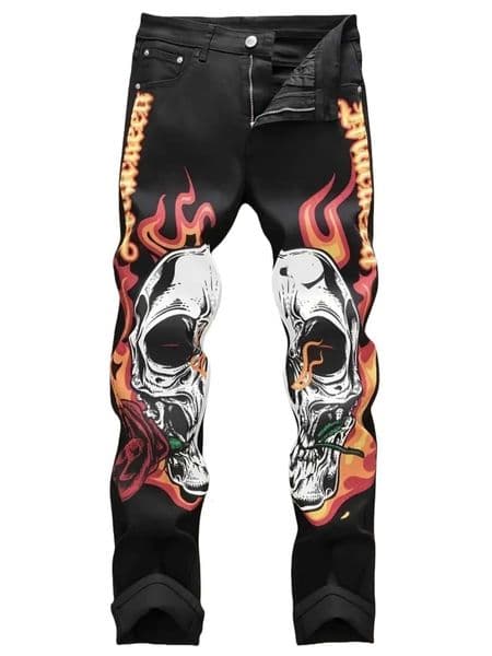Street casual wear mens jeans fashionable printed patterns classic style trousers with cinched waist design Black color M260525