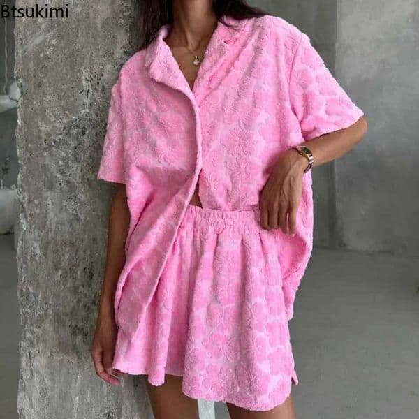 2026 Womens Soft 2PCS Pajama Sets Pink Color Loose Suit Elegant Sleepwear Sets Casual Lapel Short Sleeve Shirt Shorts Outfits L260525