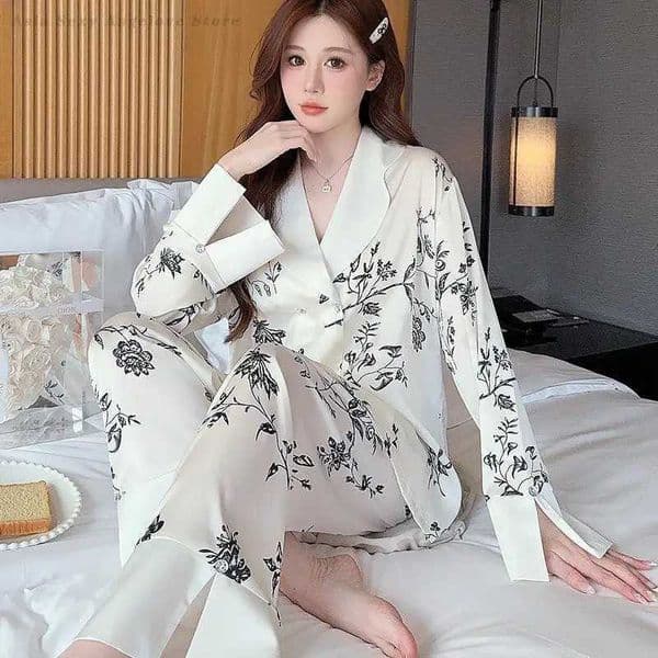 Chinese Style Pajama Set Female Sleepwear Long Sleeves Pijama Mujer Home Clothing Intimate Lingerie Loose Silk Satin Loungewear L260525