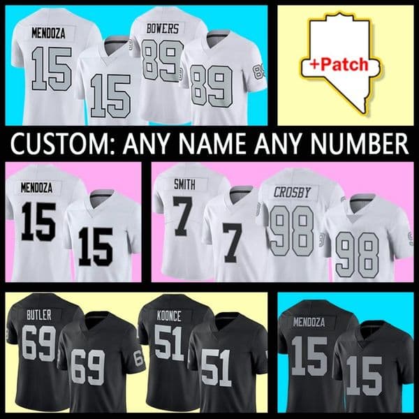 98 Maxx Crosby Football Jersey 7 Geno Smith 16 Jakobi Meyers 15 Menddza 11 Jeremy Chinn 89 Brock Bowers 24 Charles Woodson 75 Howie Long 77 Lyle Alzado 2 Ashton Jeanty