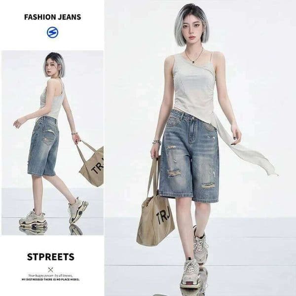 American Vintage Loose Wide Leg Denim Knee Length jeans Women shorts High Waist Stretchy Bermuda Jean Baggy Jorts Y2K Streetwear