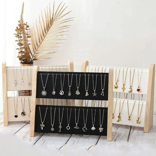 2 Layers Wood Slope Shape Jewelry Display Necklace Pendant Organizer Stand Holder Rack Showcase Tray 260526