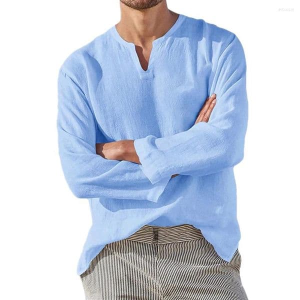 Men's Casual Shirts Cotton Linen Men Shirt Brief Breathable Comfy Solid Color Long Sleeve V Neck Blouse Hawaiian Oversize Tops