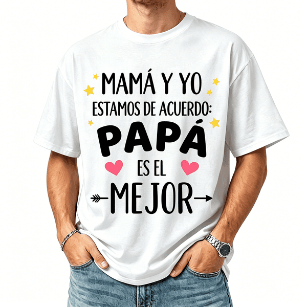 Mama Y Yo Estamos De Acuerdo Papa Es El Mejor Spanish T Shirt, Cute Hearts & Stars Print Tee, Father's Day Gift, Casual Summer Cotton Shirt for Men