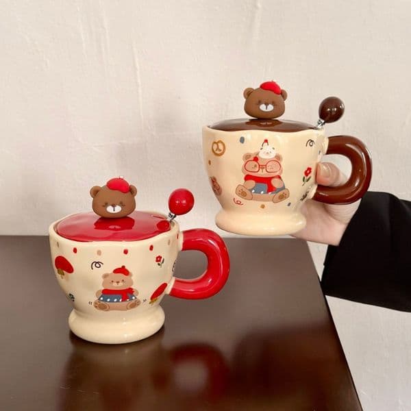 Cute bear mug household with lid couple ceramic cup office high value girls cup