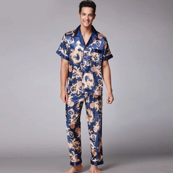 Autumn Summer Lounge wear Short Sleeves Long Pants Pajama Set Men Printed Satin Silk Loose Causal Home Wear 260522