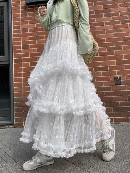 Elegant Long Multi Layer Mesh Skirt for Women Elastic Waist A-Line Summer Skirt Woman Sweet White Lace Patchwork Cake Skirts M260525
