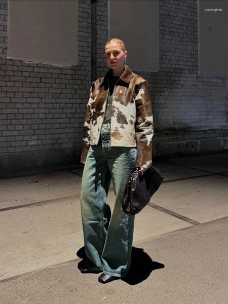 Women's Jackets Vintage Cow Printed Jacket Women Fashion Irregular Lapel Patchwork 2026 Female Autumn Chic Casual Coat