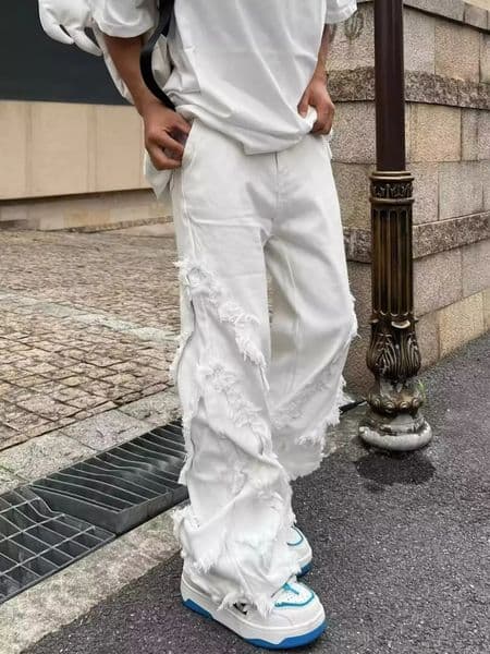American Style Erosion Damage Raw Edge Street Jeans Mens Harajuku Style Hip-hop Dance Straight White Jeans Womens Y2k Clothing 260526