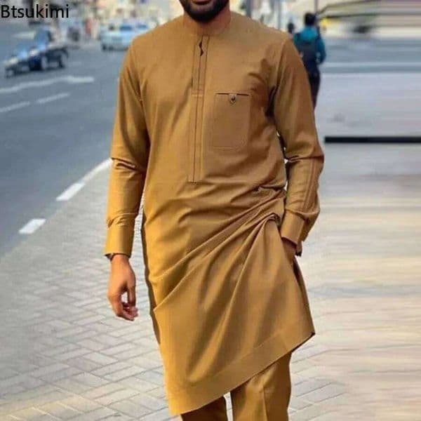 2026 Men's Muslim Party Wedding Traditional Africa Clothing 2 Pieces for Men Solid Long Sleeve Suit and Pants Sets J260526
