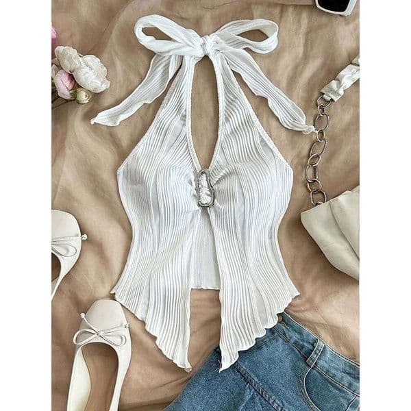 Sexy V Neck Halter Neck Crop For Women Summer Sleeveless Solid Split Backless Top Y K Clothes
