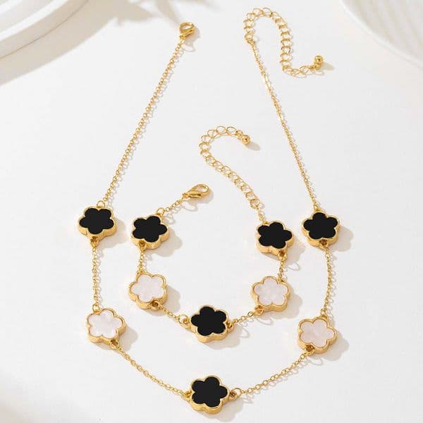 Bracelet And Necklace Set For Women Five Leaf Clover Metal Black And White Splicing Chain Elegant Simple Versatile Jewelry