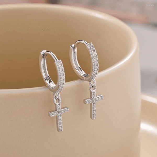 Dangle Earrings Hiphop Cross Hoop For Men Women Crystal Zircon Inlay Metal Cool Punk Jewelry Gift