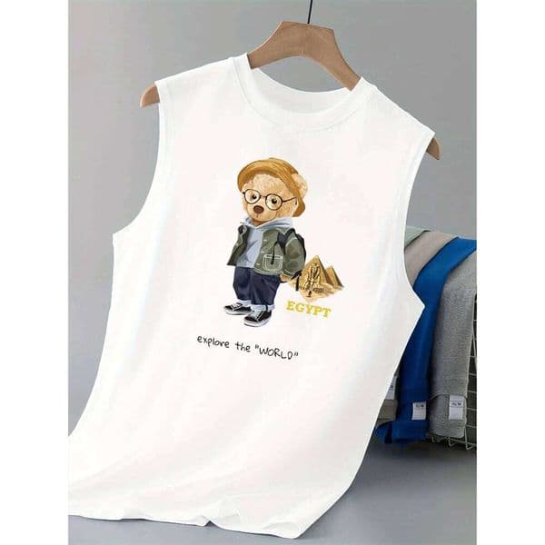 100% pure cotton men's summer fashion casual cartoon travel bear print fitness breathable loose round neck sleeveless vest W260522