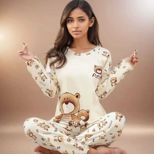 Ladies Pajamas Long Sleeved Cartoon Bear Student Casual Wear Set Easy to Wash Pullover Top and Pants Two-Piece Set Sleepwear L260525