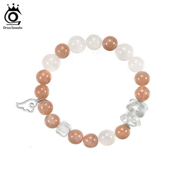 ORSA JEWELS Quartz Sunstone Beaded S925 Silver Cute Wing Charm Elastic Rope for Women Healing Gift GMB94 M260526