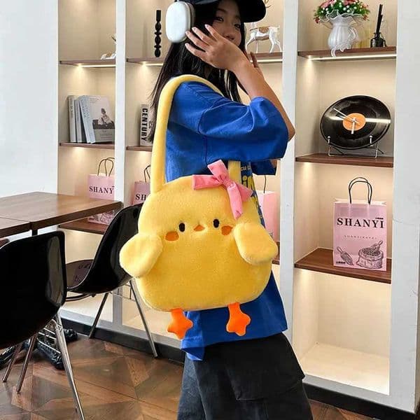 Kawaii Little Yellow Duck Bow Shoulder Bag Animal Shopping Bag Plush Handbag Large Capacity Christmas Birthday M260525